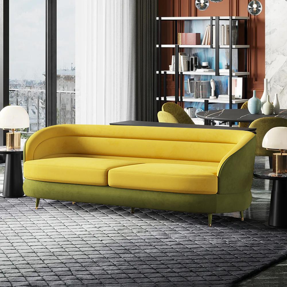93" Modern Yellow & Green Velvet Upholstered Sofa for 3 Seaters with Gold Legs