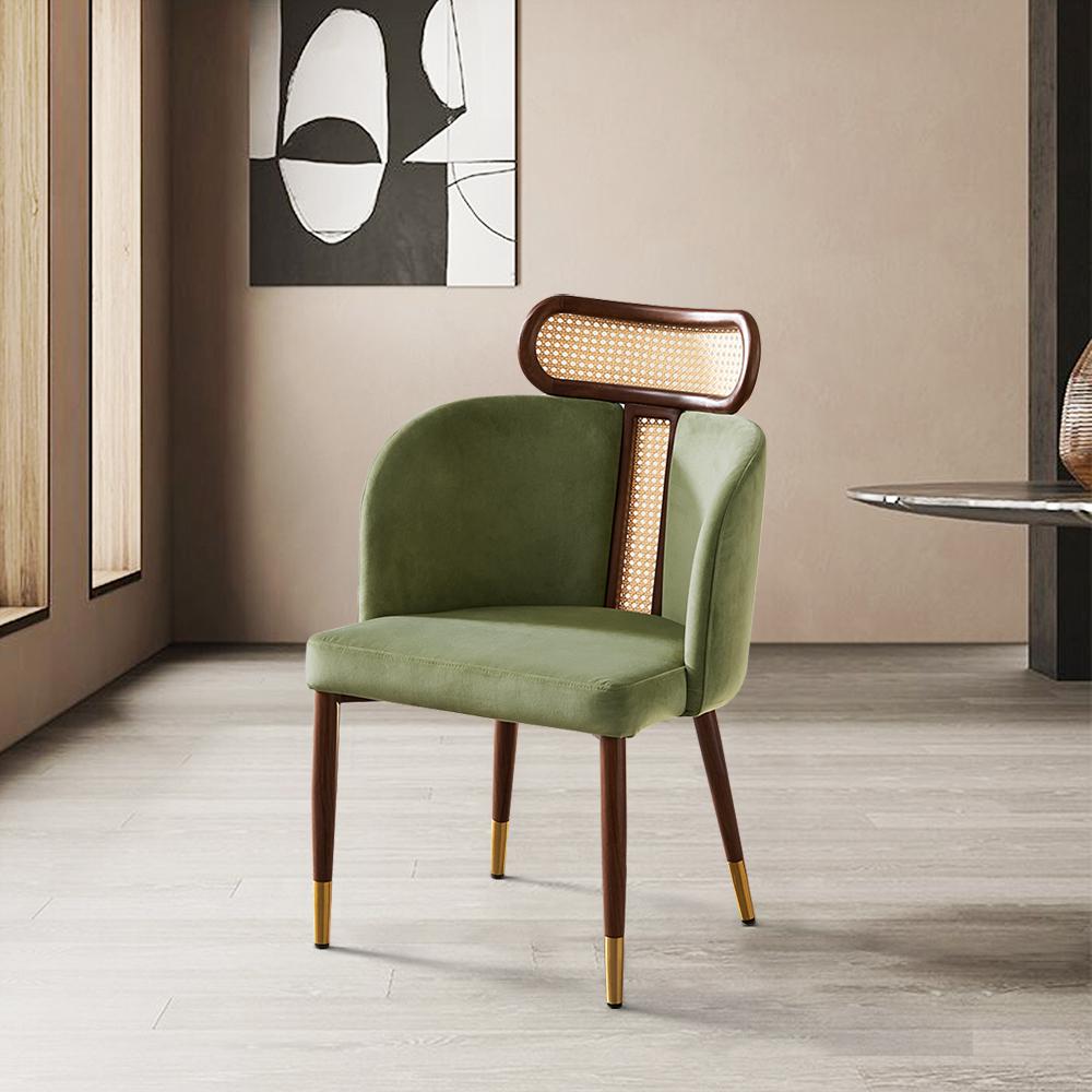 Modern Green Velvet Dining Chair Curved Back Rattan Dining Room Chairs (Set of 2)
