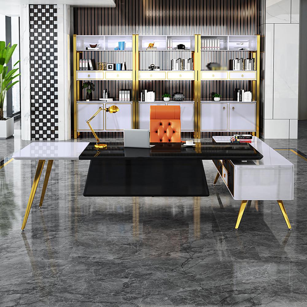 L-Shaped Modern Right Hand Corner Executive Desk with Storage in White & Gold & Black