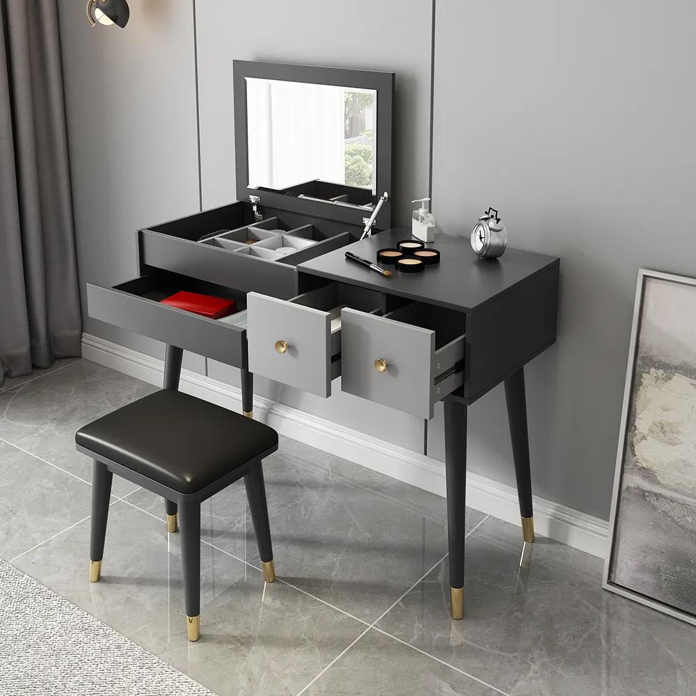 Classic Walnut Makeup Vanity Set with Flip-top Mirror & Stool