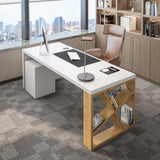 Modern White and Natural Rectangular Writing Desk with Shelves