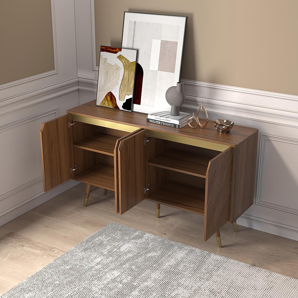 Capet Mid-Century 63" Walnut Sideboard Buffet 4-Door Kitchen Cabinet Adjustable Shelves