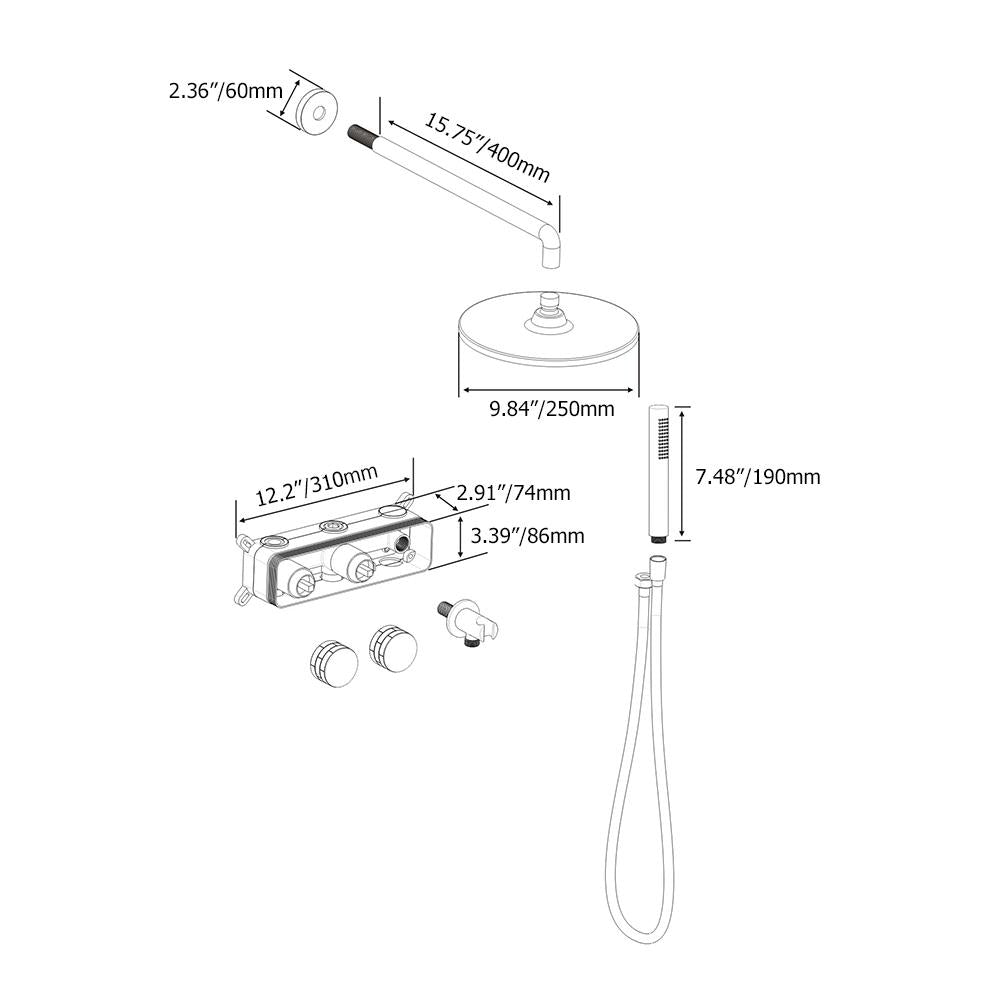 10" Wall-Mounted Round Black Shower System 2-Function with Hand Shower