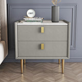Modern 2 Drawers PU Leather Bedside Table Nightstand with Gold Metal Legs