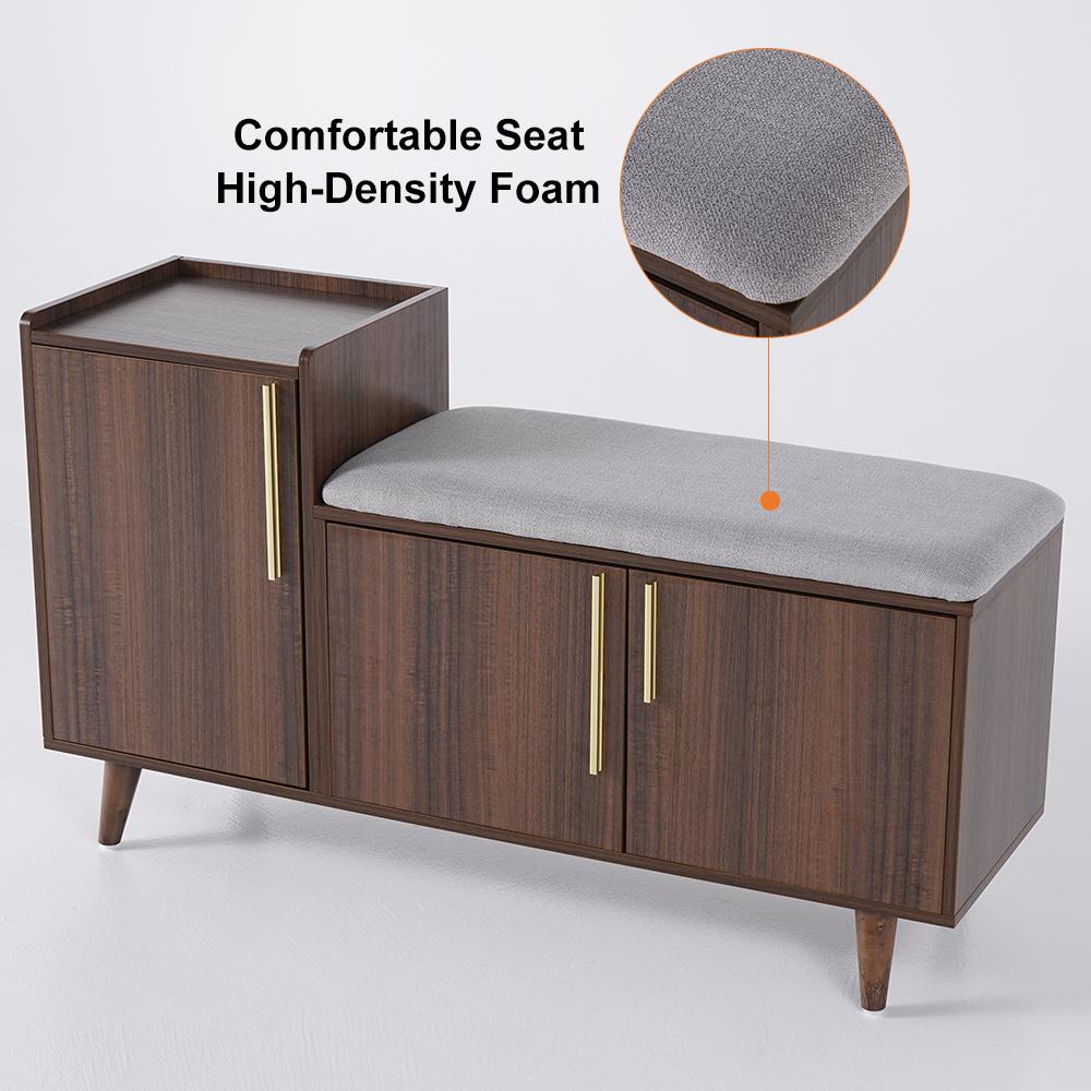 Walnut Upholstered Shoe Storage Cabinet with Door & Shelf Entryway Shoe Storage Bench