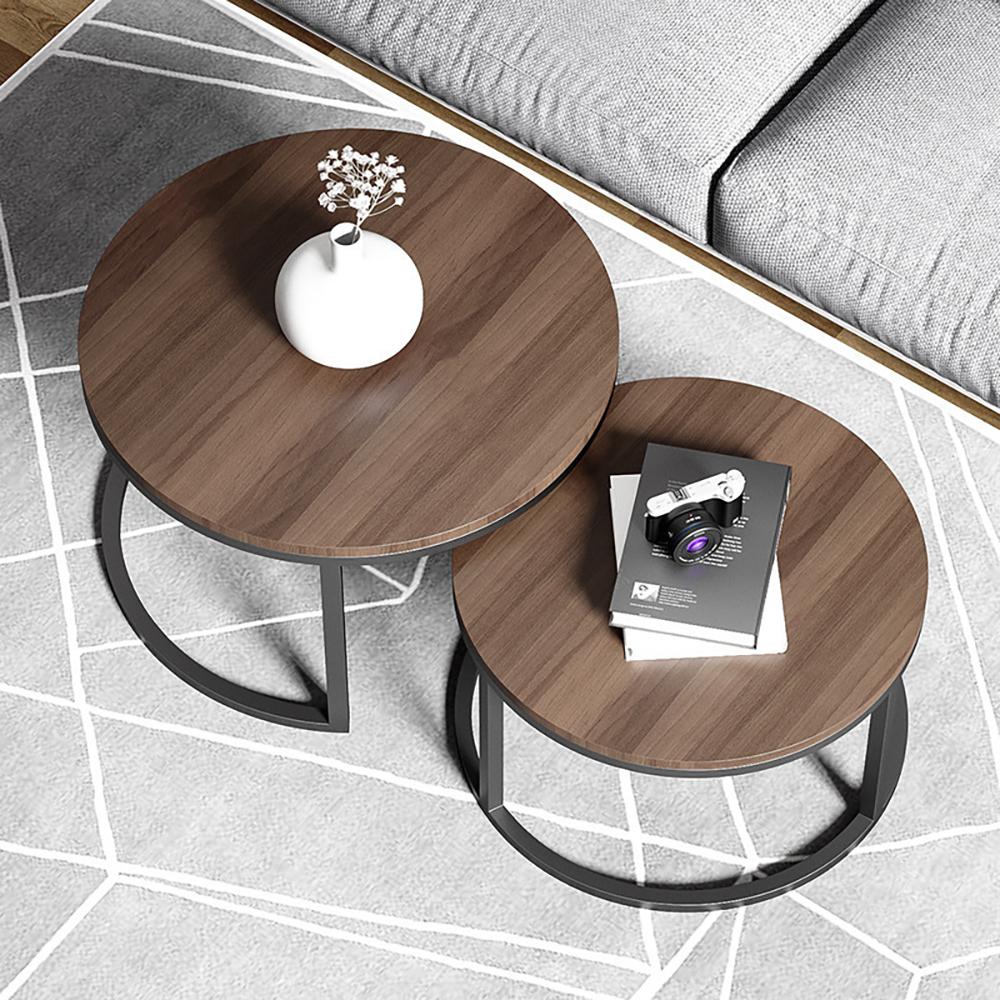 2 Pieces Modern Wood Gray & Black Round Nesting Coffee Table for Living Room