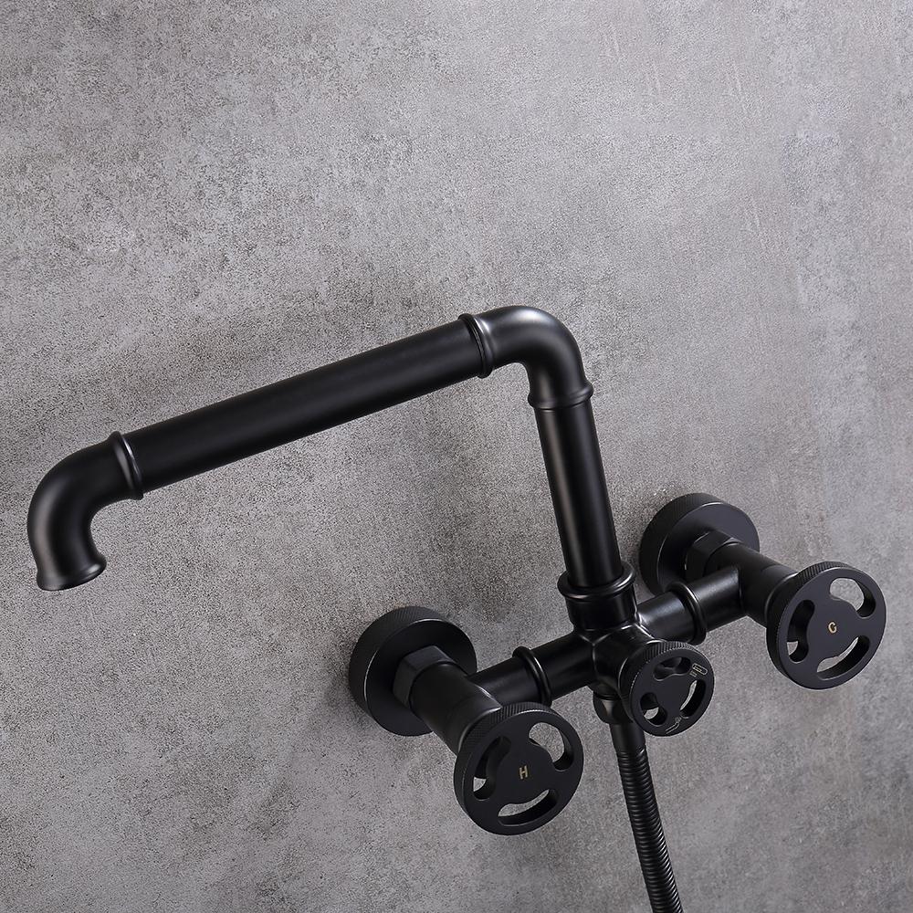 Ruth Industrial Pipe Wall Mounted Bathtub Filler Faucet with Hand Shower Solid Brass
