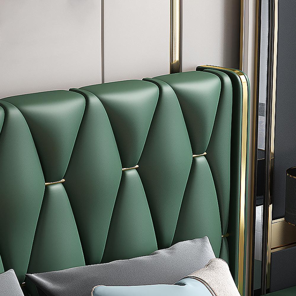 Queen Upholstered Platform Bed Green Low Profile Bed with Wood Slats