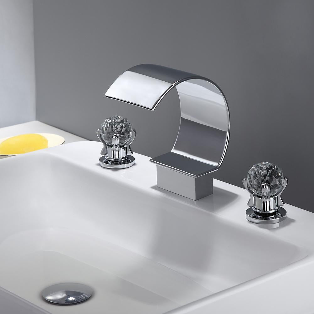 Mooni Chrome Waterfall Spout 2 Crystal Handle Widespread Bathroom Sink Faucet