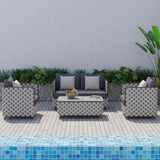 4Pcs Aluminum & Rope Outdoor Sofa Set with Faux Marble Coffee Table and Cushion Pillow