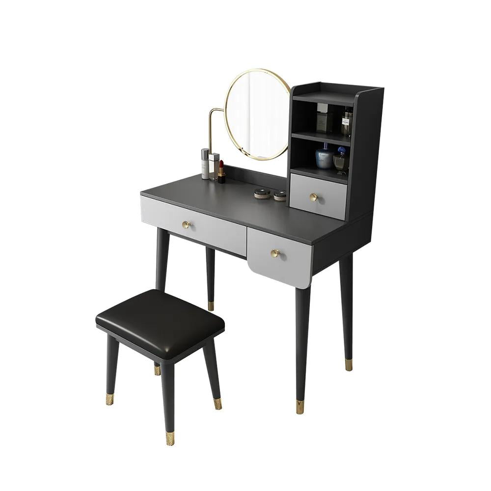 2 Pieces Minimalist Makeup Vanity Set in Walnut with Mirror & Stool