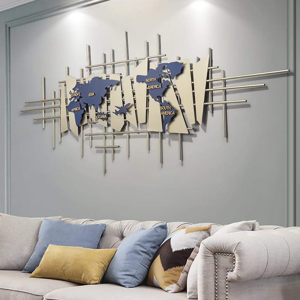 3D European Style World Map Metal Wall Decor Art in Blue & Gold