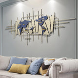 3D European Style World Map Metal Wall Decor Art in Blue & Gold