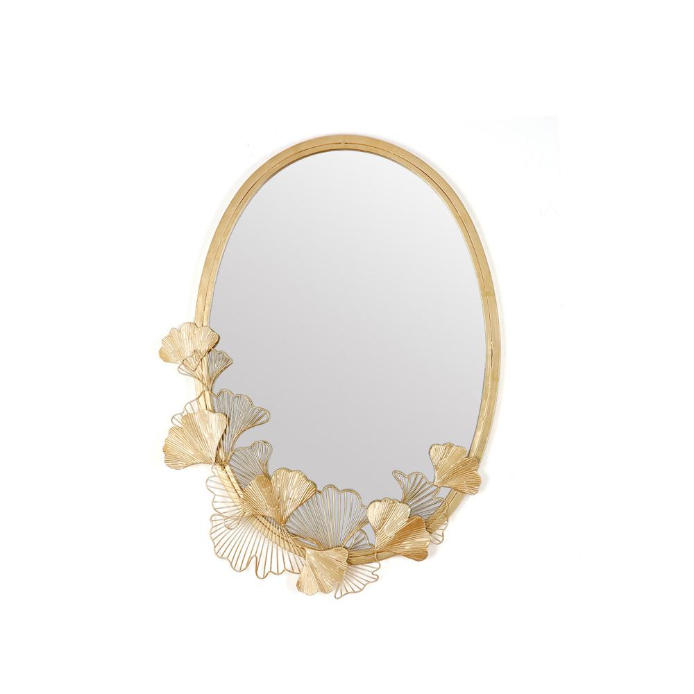 Glam Oval Hollow-out Ginkgo Leaves Gold Metal Wall Mirror
