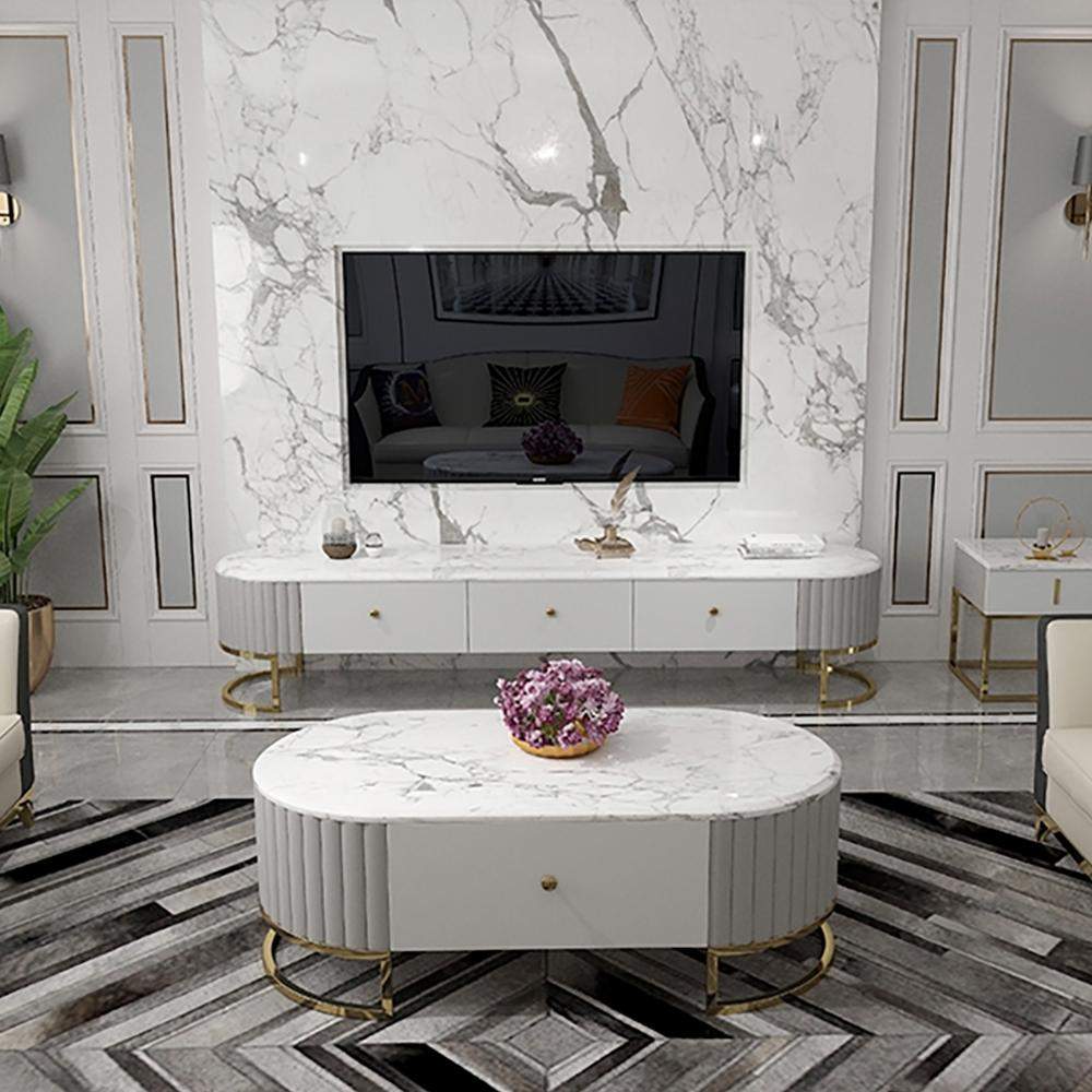 Modern White Marble Coffee Table & TV Stand Set Media Console Set of 2-Richsoul-Furniture,Living Room Furniture,Living Room Sets