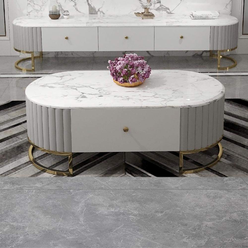 Modern White Marble Coffee Table & TV Stand Set Media Console Set of 2-Richsoul-Furniture,Living Room Furniture,Living Room Sets