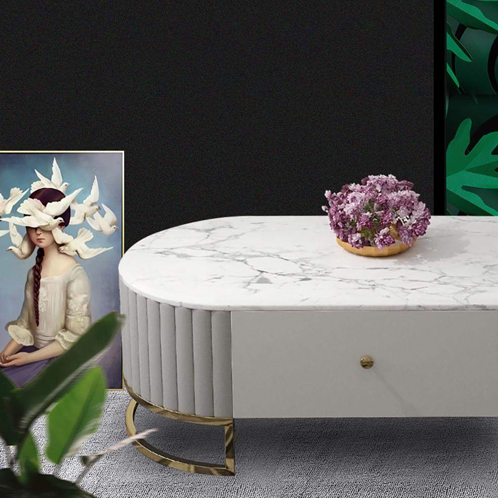 Modern White Marble Coffee Table & TV Stand Set Media Console Set of 2-Richsoul-Furniture,Living Room Furniture,Living Room Sets