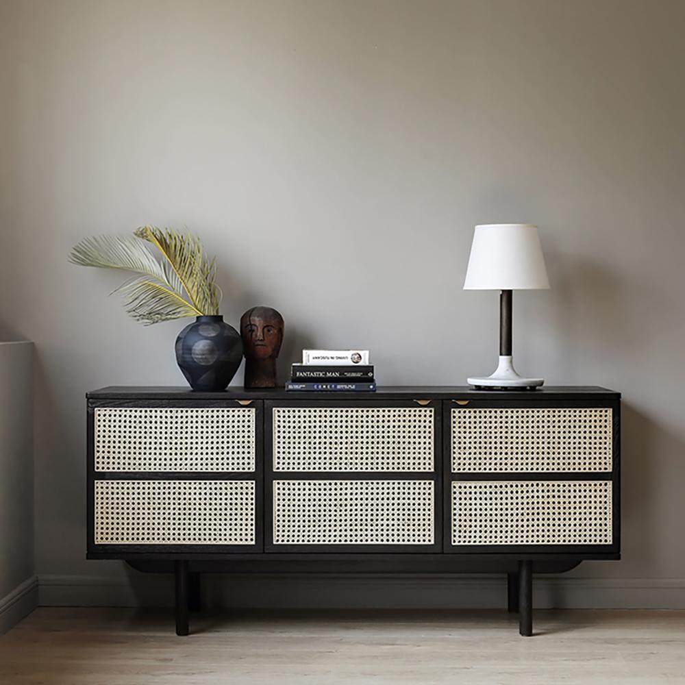63" Modern Black Cane Sideboard Buffet Cabinet with 3 Rattan Door Pine Wood