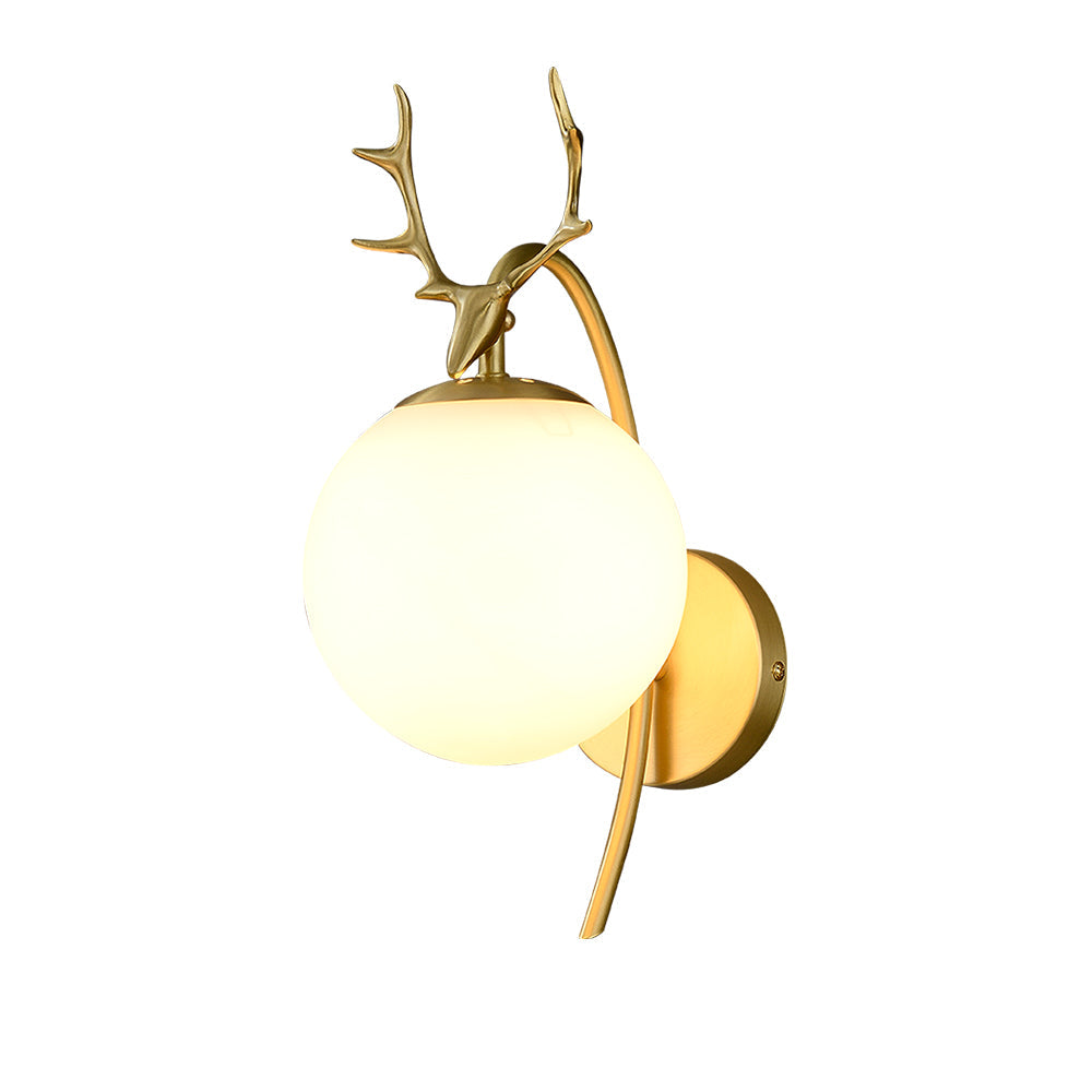 Modern 1-Light Antler Wall Sconce Brass Deer Wall Lighting with Globe Shade