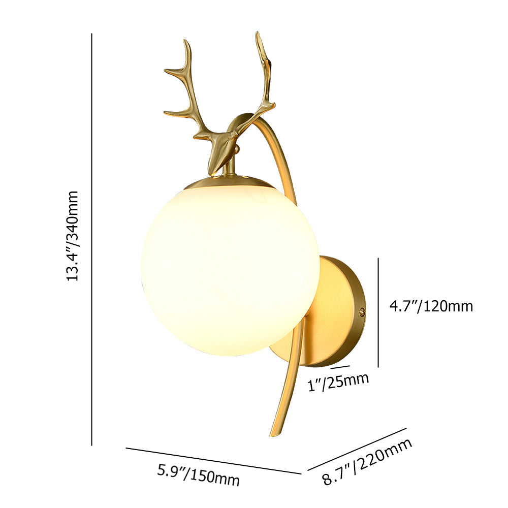 Modern 1-Light Antler Wall Sconce Brass Deer Wall Lighting with Globe Shade