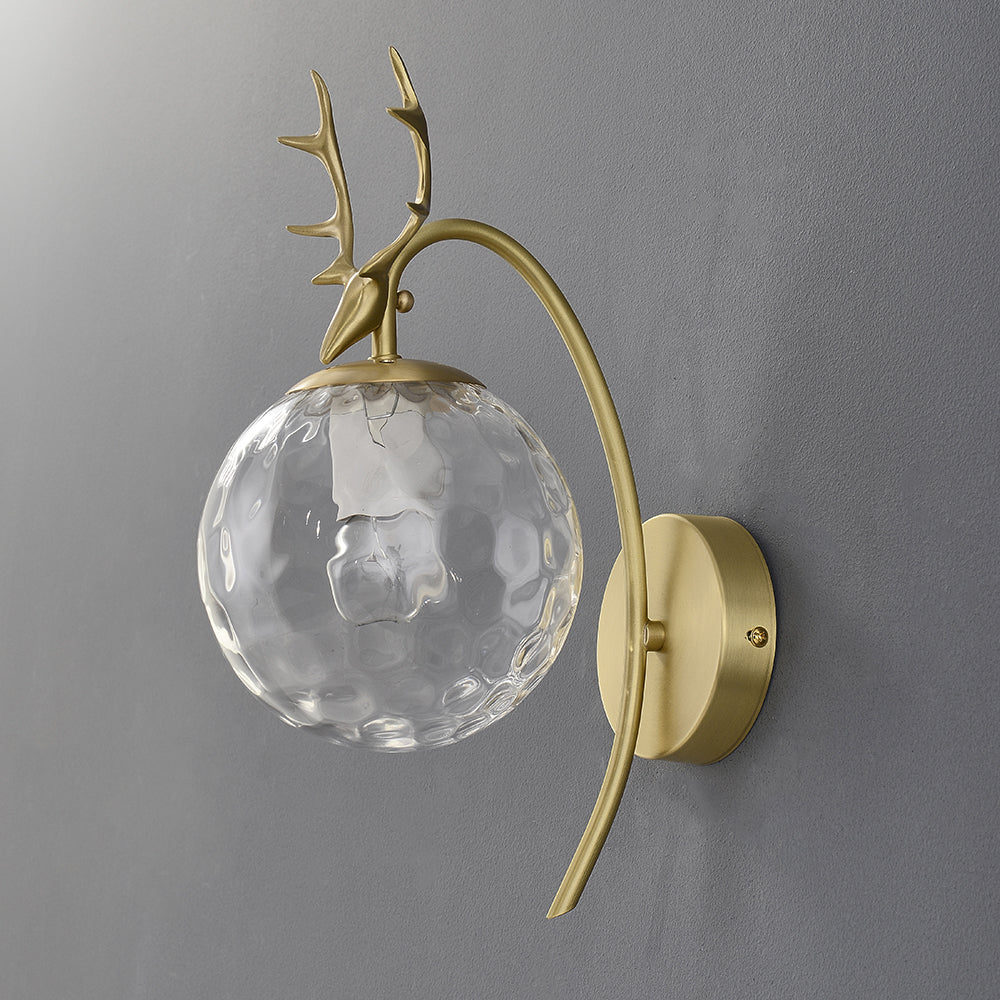 Modern 1-Light Antler Wall Sconce Brass Deer Wall Lighting with Globe Shade