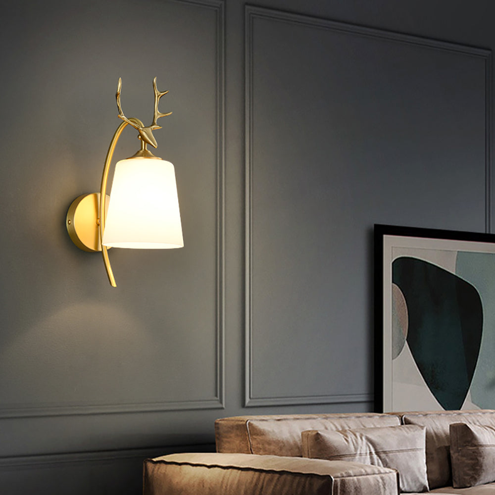 Modern 1-Light Antler Wall Sconce Brass Deer Wall Lighting with Globe Shade
