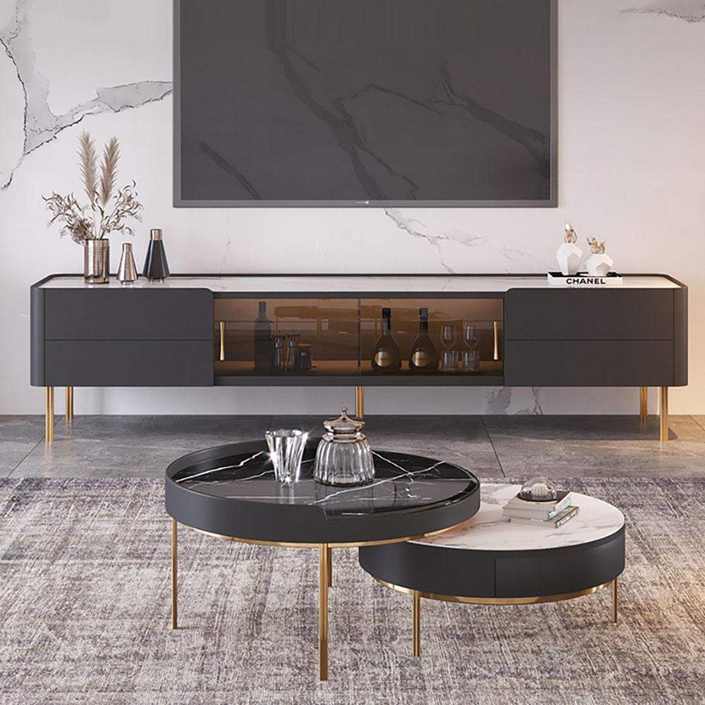 Nordic Minimalist TV Stand Stone Top 2-Drawer Glass Doors Media Console in Large-Richsoul-Furniture,Living Room Furniture,TV Stands