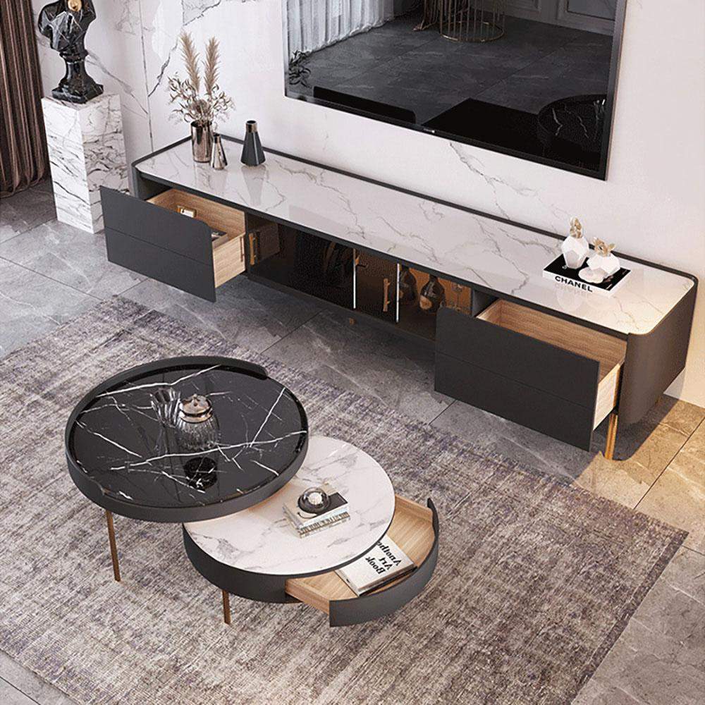 Nordic Minimalist TV Stand Stone Top 2-Drawer Glass Doors Media Console in Large-Richsoul-Furniture,Living Room Furniture,TV Stands