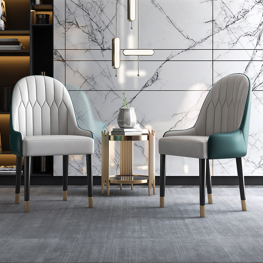 Modern PU Leather Set of 2 Dining Chairs in White & Green with Metal Legs
