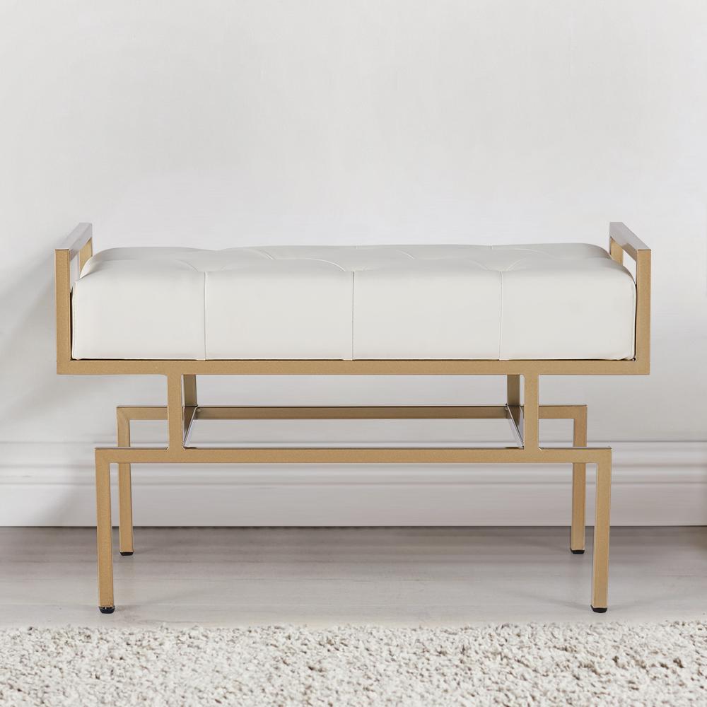 31.5'' Modern White Faux Leather Upholstered Bench with Gold Metal Legs