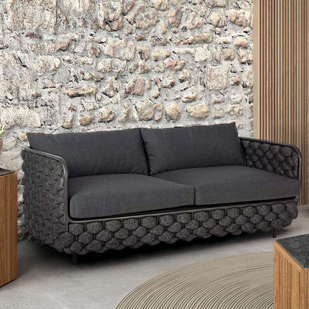 53.1" Wide Modern Aluminum & Rope Outdoor Loveseat Patio Sofa with Cushions in Black