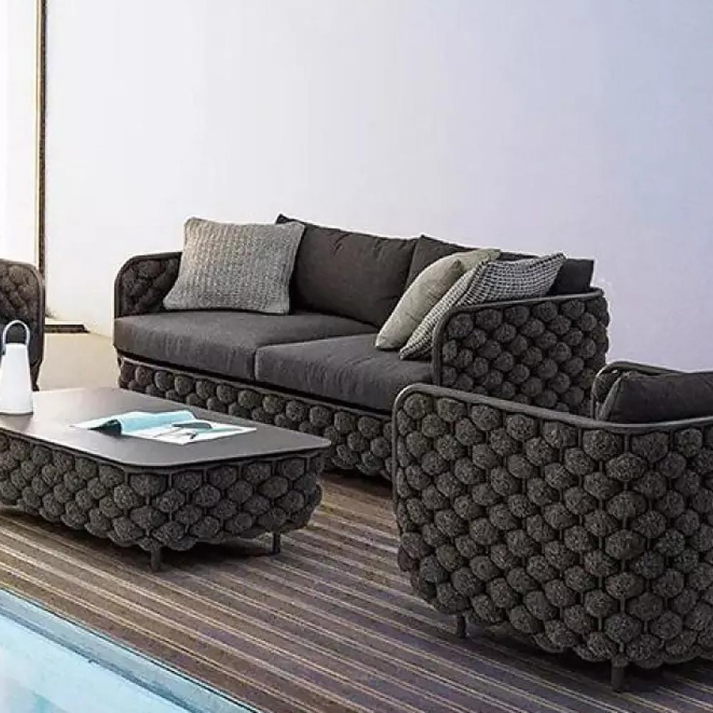 53.1" Wide Modern Aluminum & Rope Outdoor Loveseat Patio Sofa with Cushions in Black