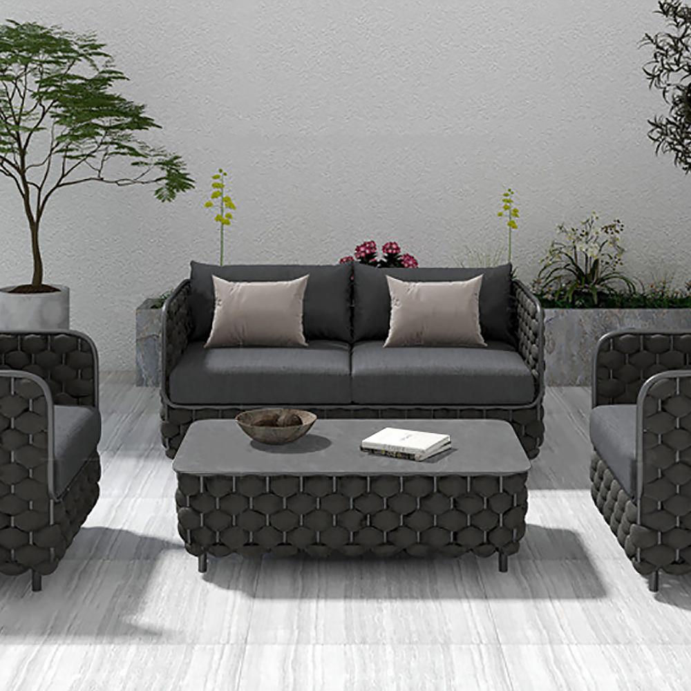 53.1" Wide Modern Aluminum & Rope Outdoor Loveseat Patio Sofa with Cushions in Black