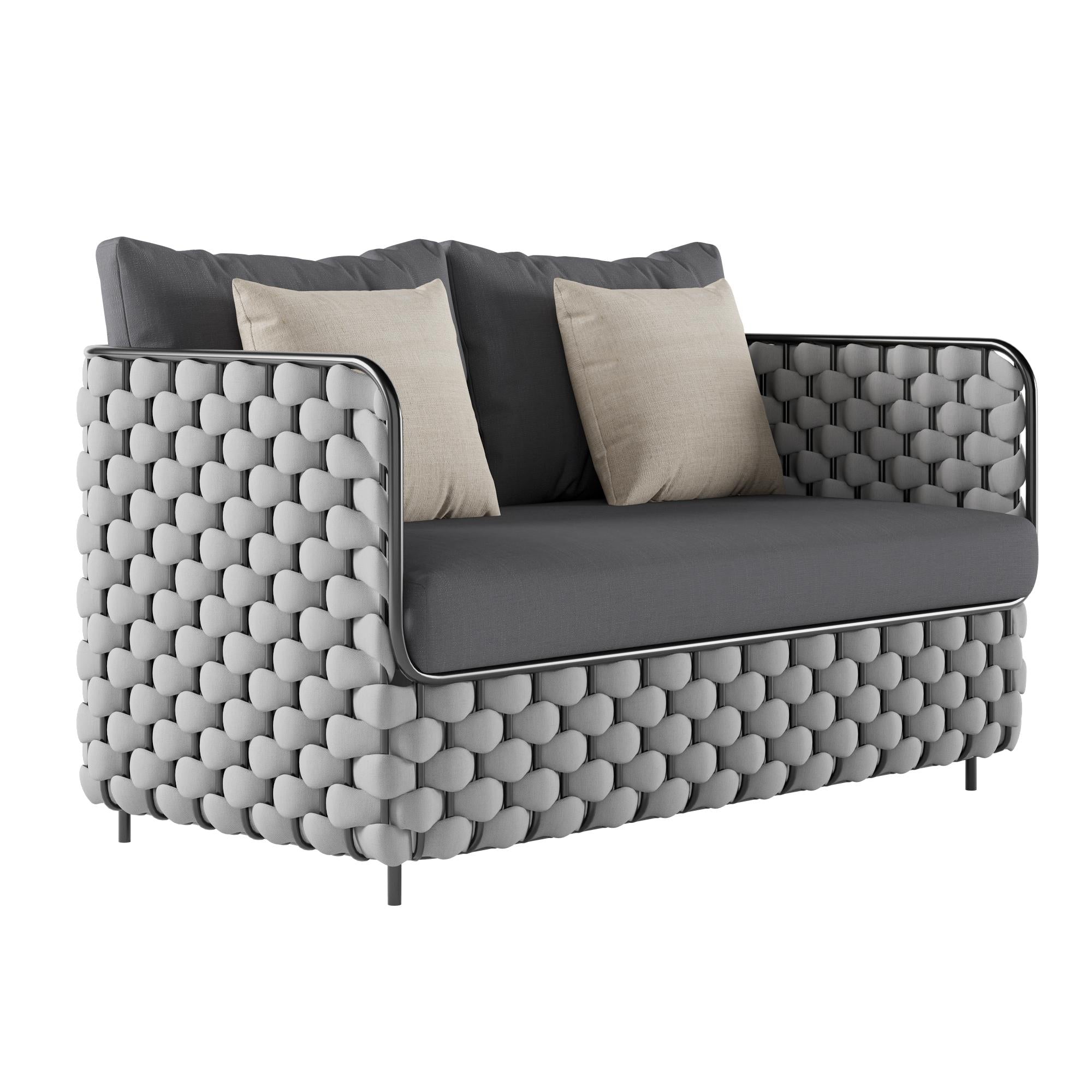 53.1" Wide Modern Aluminum & Rope Outdoor Loveseat Patio Sofa with Cushions in Black