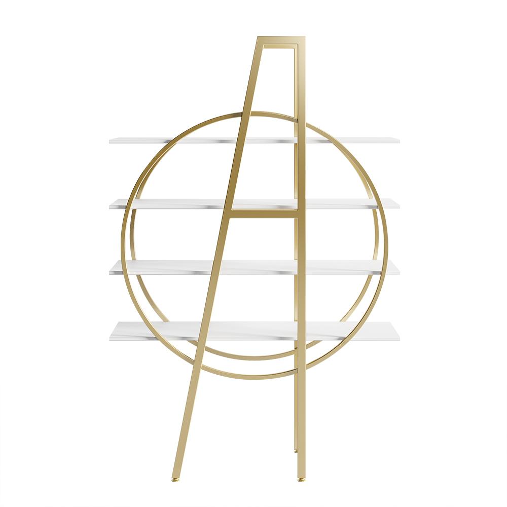 4-Tier Round Open Bookshelf White Display Shelf Gold Frame