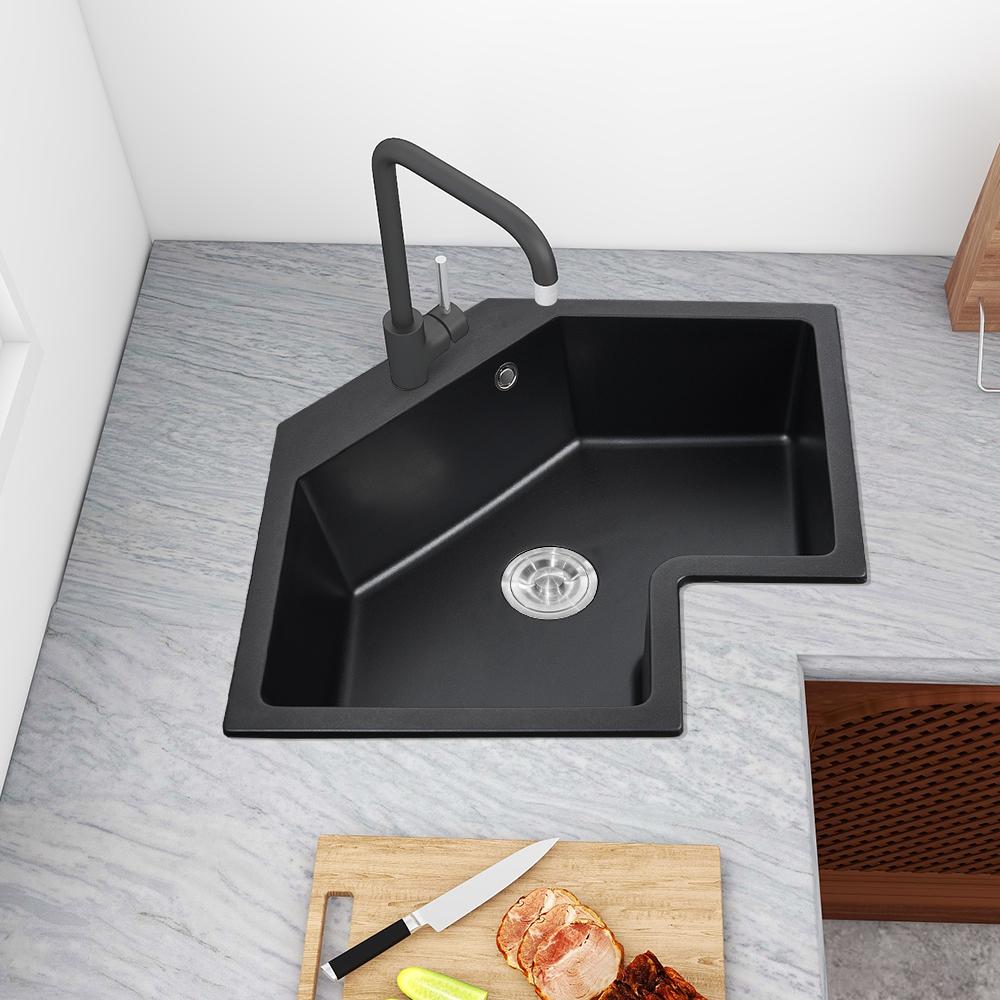 Black Drop In Corner Kitchen Sink Modern Single Bowl 25" Quartz Irregular Sink