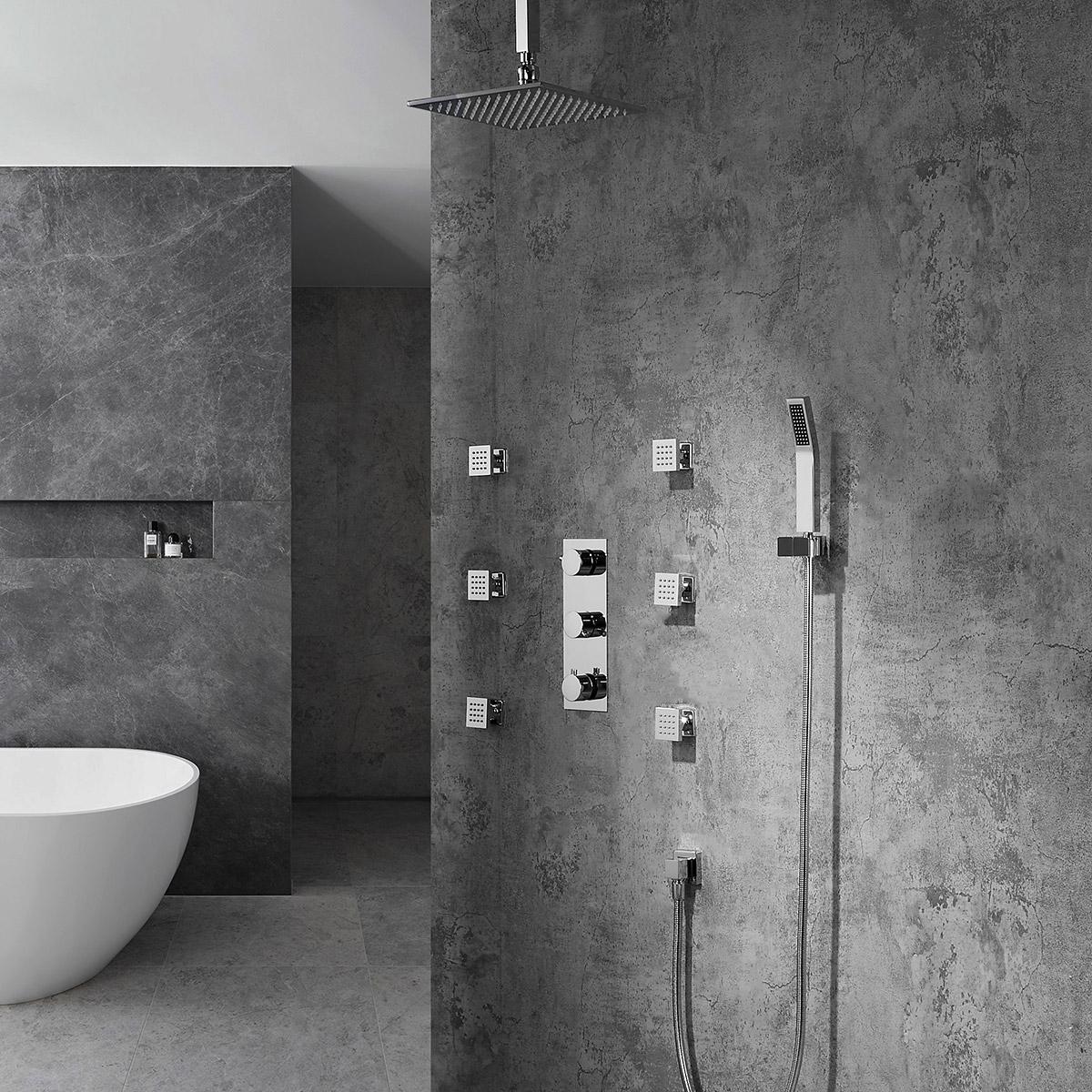 Modern Ceiling Mounted LED 12" Rain Shower System with Handheld Shower & 6 Body Sprays