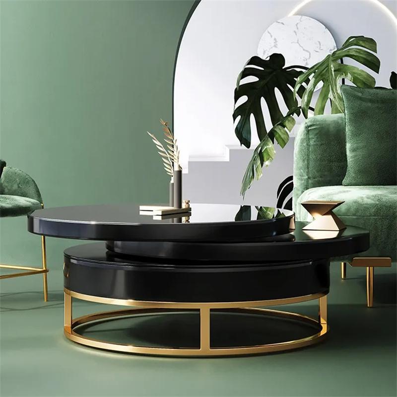 White Round Modern Wood Swivel Coffee Table with Storage Drawer in Gold