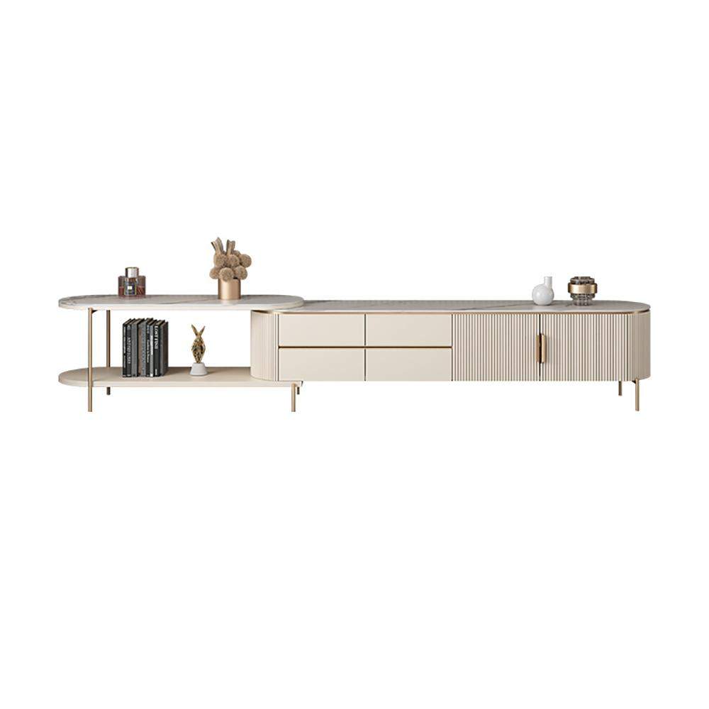 Off White Oval Retractable Stone Top TV Stand Media Console with 4 Drawers-Richsoul-Furniture,Living Room Furniture,TV Stands