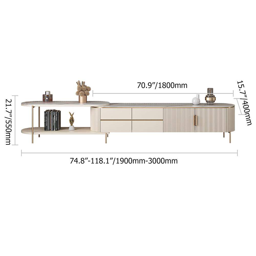 Off White Oval Retractable Stone Top TV Stand Media Console with 4 Drawers-Richsoul-Furniture,Living Room Furniture,TV Stands