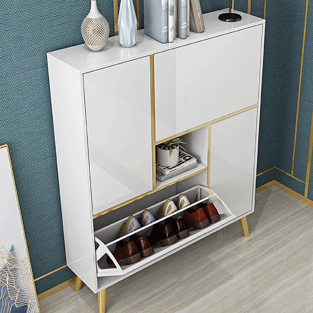 White Modern Shoe Storage Cabinet 17-Pair 2 Doors with Shelves & Pull-Down Drawers