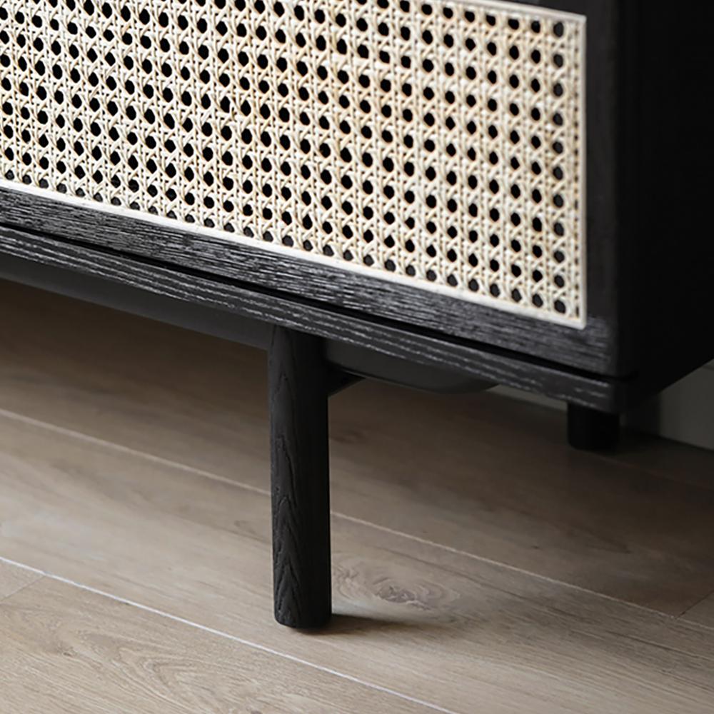 63" Modern Black Cane Sideboard Buffet Cabinet with 3 Rattan Door Pine Wood