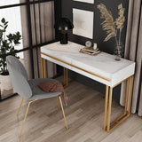 39" Rectangular White Office Desk with Drawers Marble Veneer Top Gold Hardware