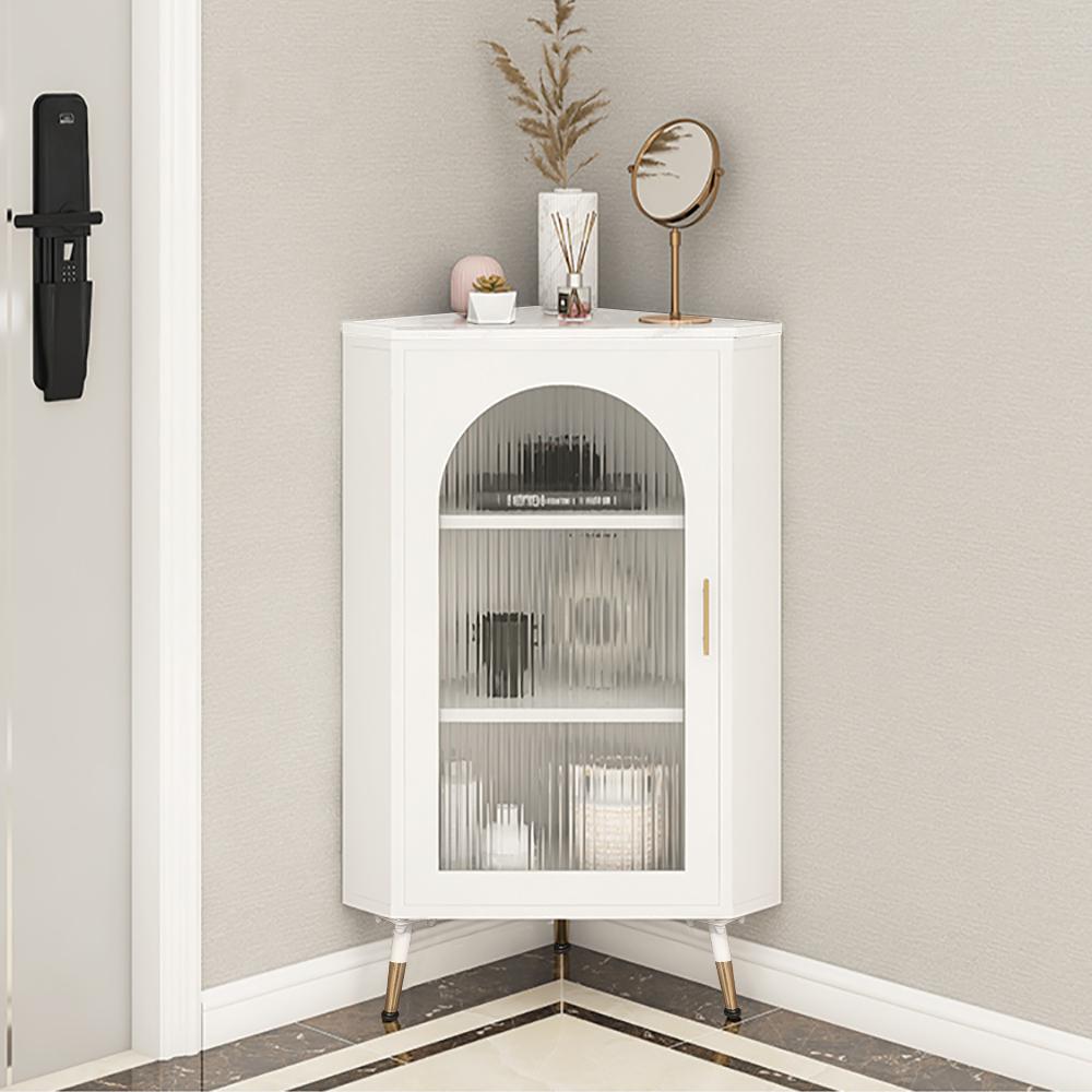Modern White Corner Floor Display Cabinet with Storage & Glass Door & Faux Marble Top
