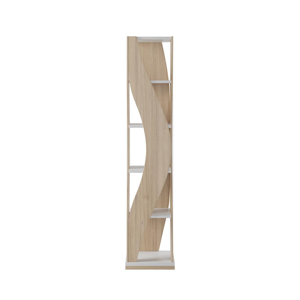 5-Tier Geometric Bookshelf Curved Shape Industrial Bookcase in Walnut & Black Rotating