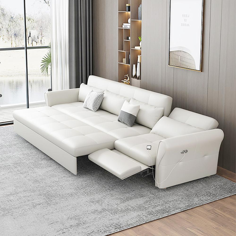 109" Power Reclining Sleeper Sofa Bed Convertible White Leath-Aire Tufted Upholstered