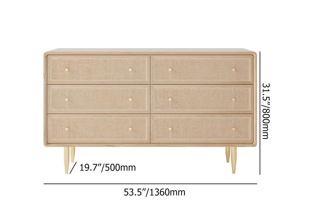 53" Nordic Natural Bedroom Dresser with 6 Drawers Rattan Woven in Gold