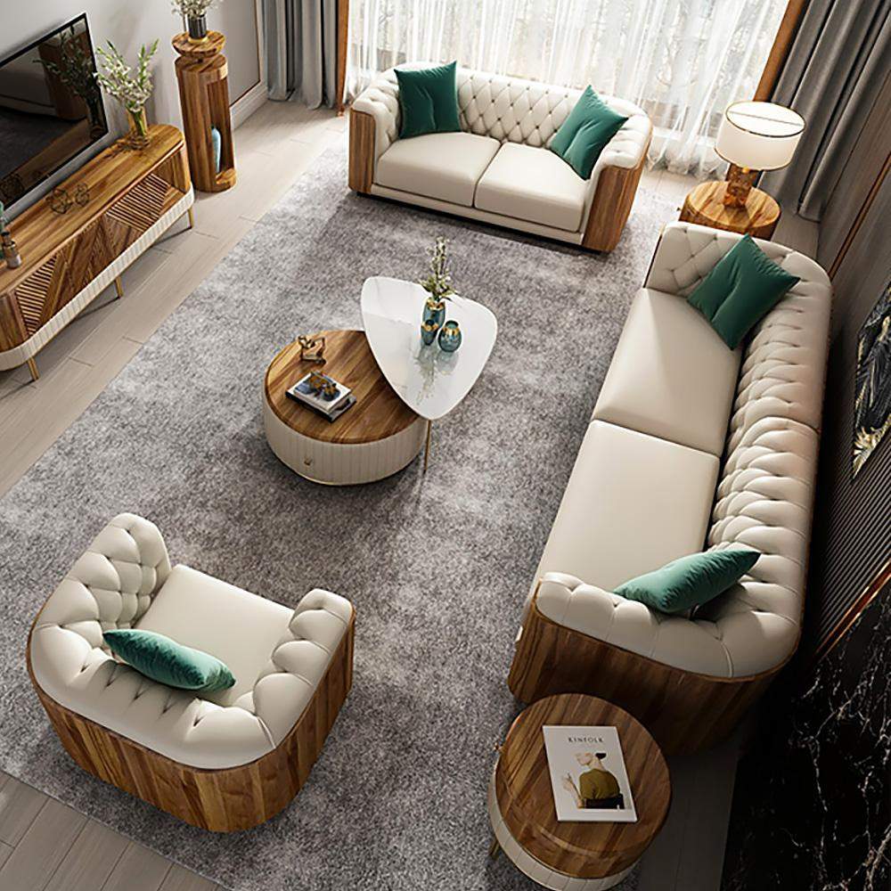 Modern Beige Faux Leather Tufted Sofa & Loveseat Living Room Set of 3-Richsoul-Furniture,Living Room Furniture,Living Room Sets