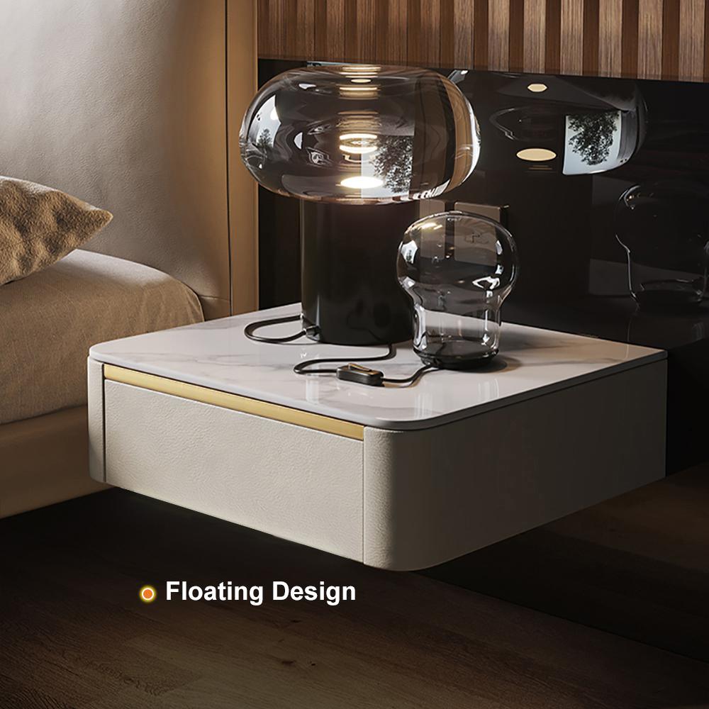Modern White Floating Nightstand 1 Drawer Bedside Table with Sintered02Stone Top