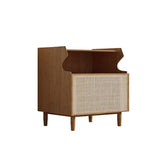 Nordic Nightstand 1-Shelf Wooden Bedside Table with Rattan Woven Door in Natrual